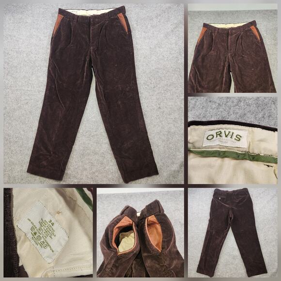Orvis Corduroy Pants Mens 34 Brown Pleated Field Hunting Trousers Leather Trim - Picture 1 of 16